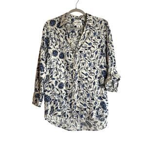 Rachel Zoe 100% Linen Floral Roll Tab Sleeve Button Up Top Size S Blue Cream